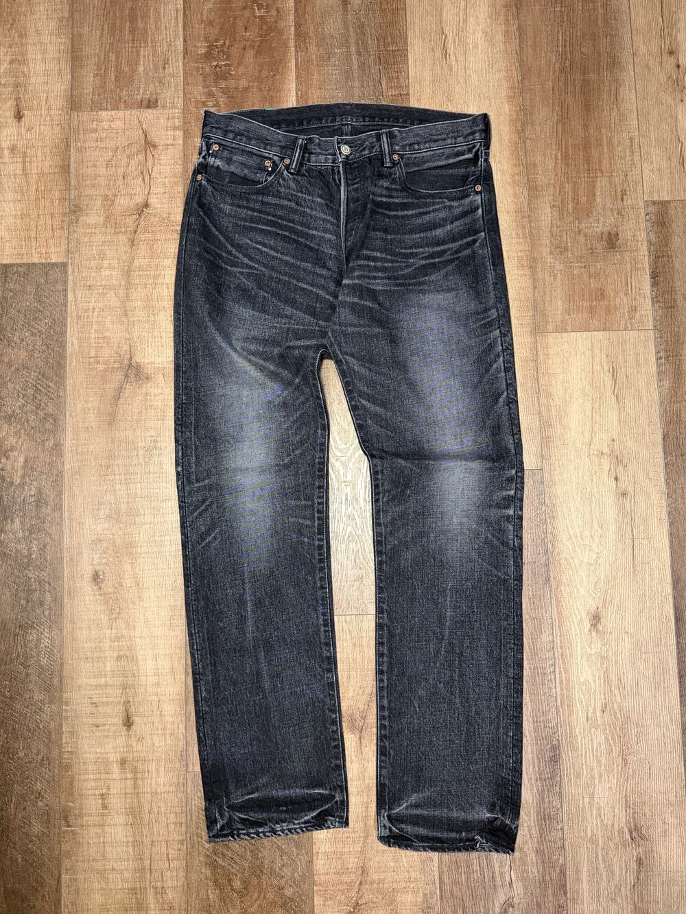 Hidden Distressed Selvedge Denim Jeans Green Leather Black Size 34 New